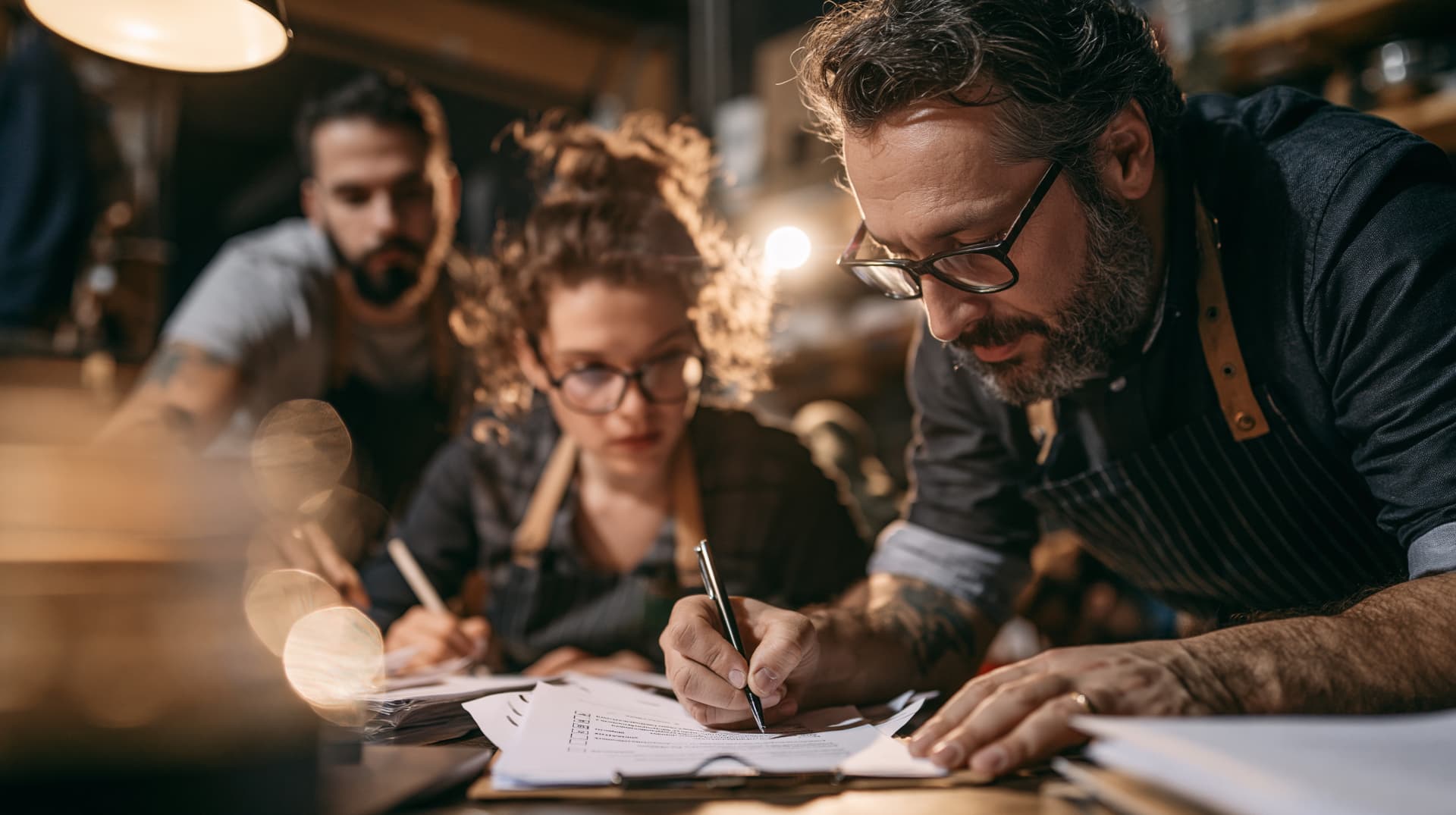 Three small-business owners reviewing plans and working through decisions together.